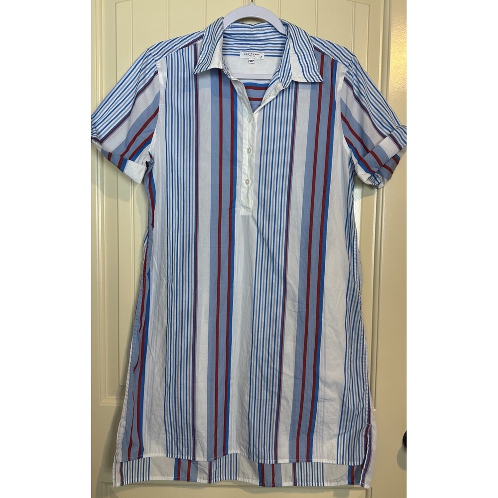 Equipment‎ Femme red white blue striped popover shirt dress Sz L cotton beachy